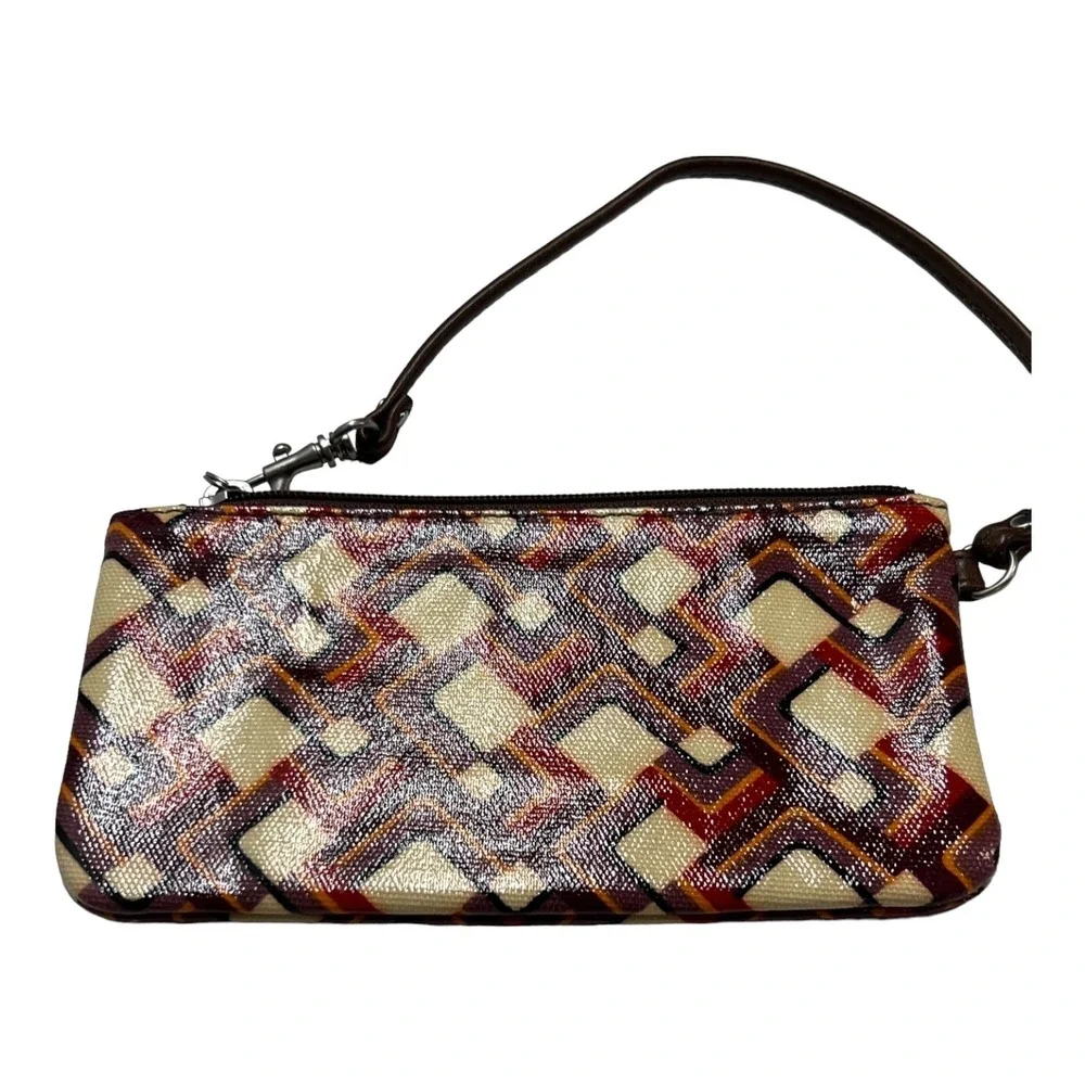 Fossil Wristlet Wallet Key Per Brown Coated‎ Canvas Geometrical Retro Print 70s